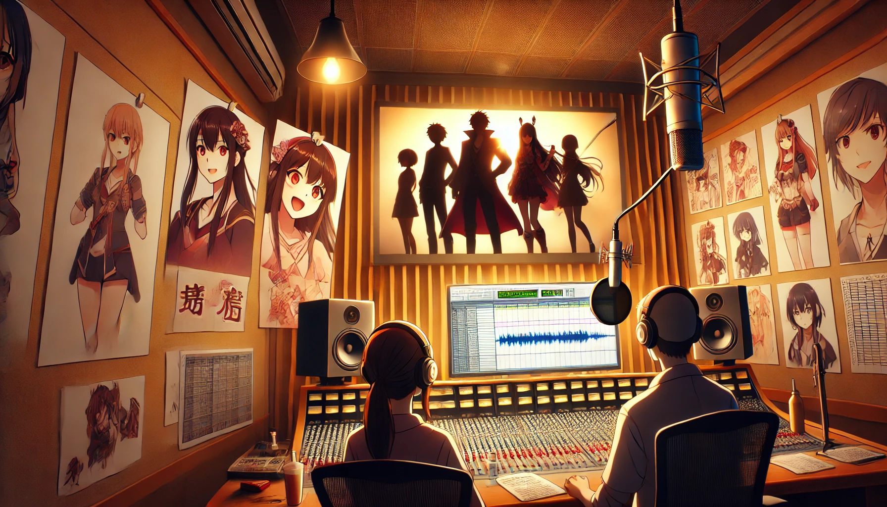 アフレコスタジオでの声優収録風景とキャラ設定資料のビジュアル