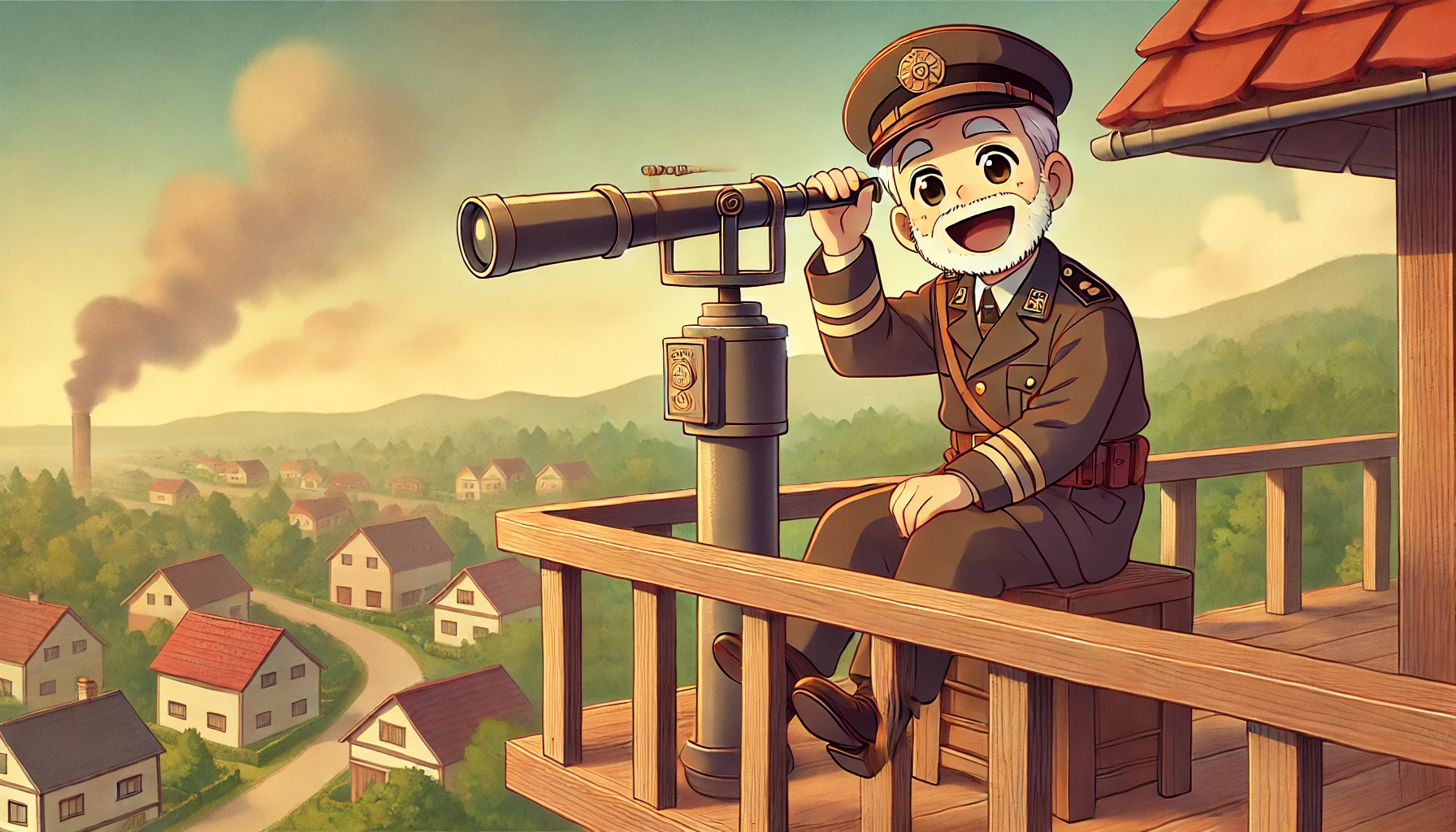 火の見櫓で逆さ望遠鏡を覗く花咲爺のユーモアイラスト