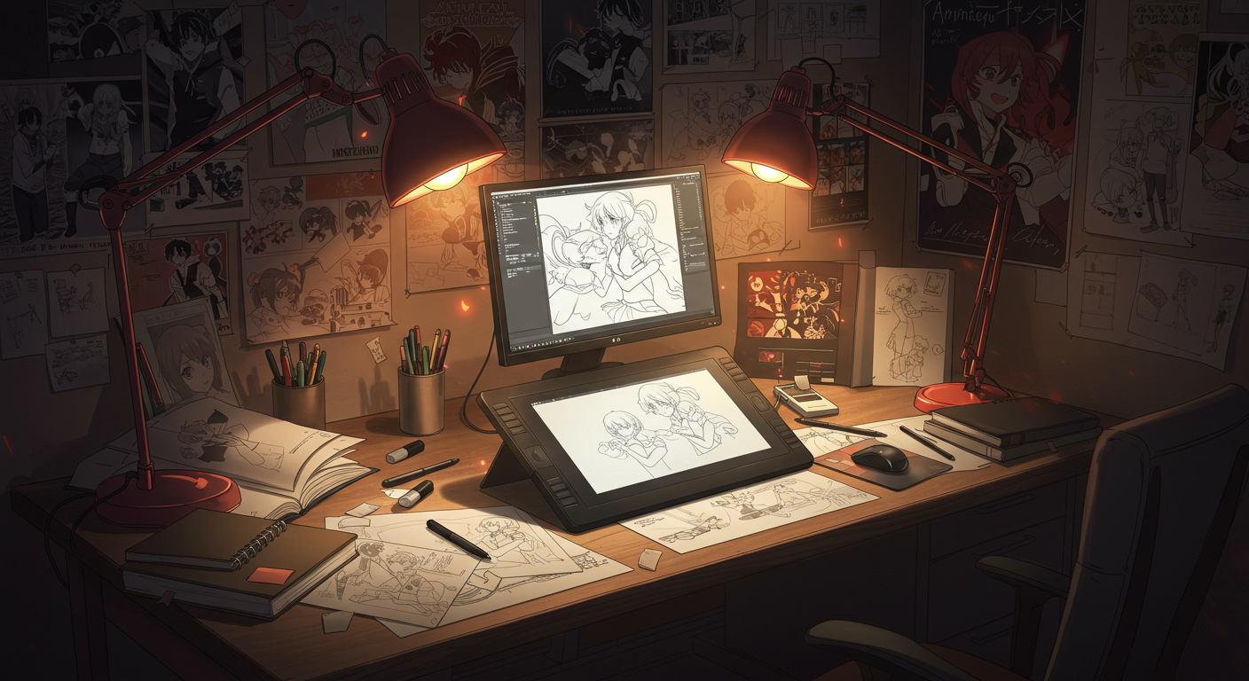 アニメ制作スタジオの内部風景、情熱的な作業風景