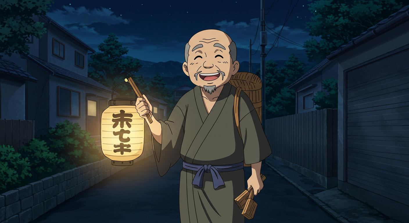 夜回りする花咲爺（ランタン片手に微笑む姿）