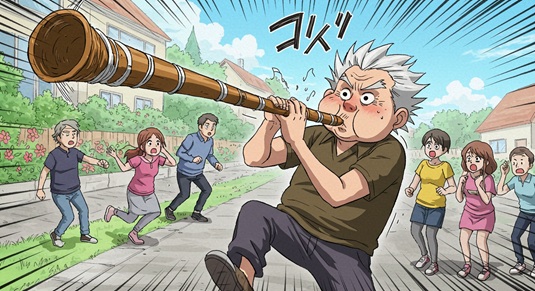 入れ子式Didgeridooを構える花咲爺