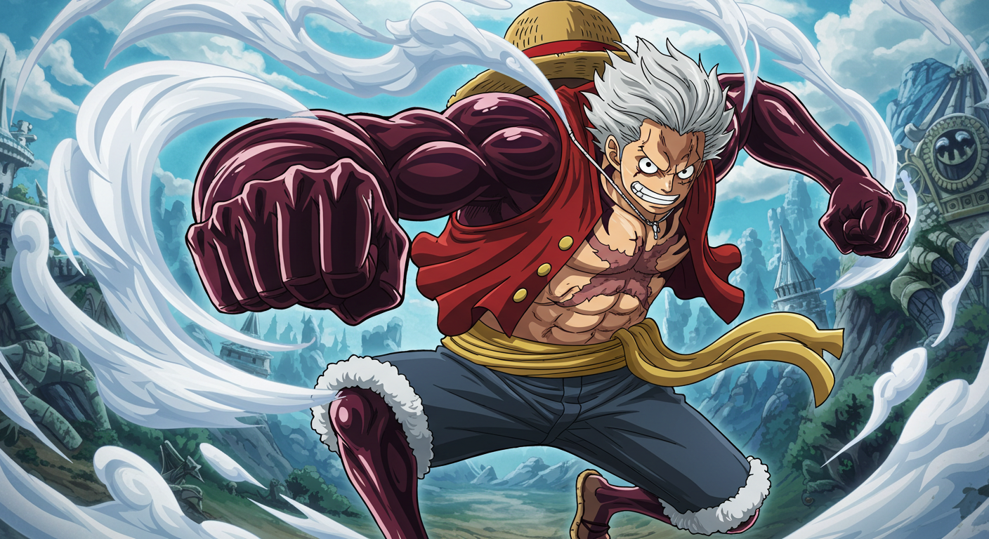 ギア5ルフィが笑いながら戦う様子