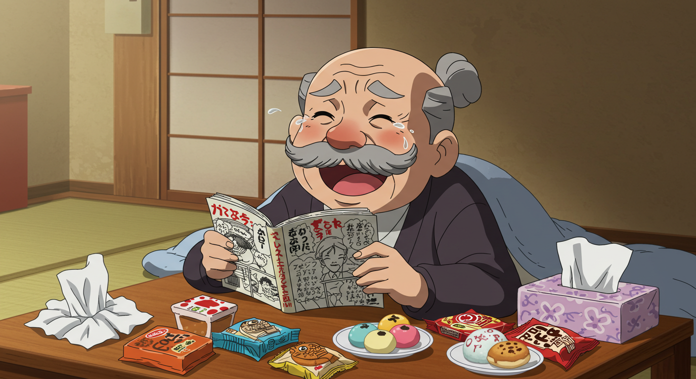 花咲爺がベンチで漫画を読みながら目頭を押さえるユーモラスな場面