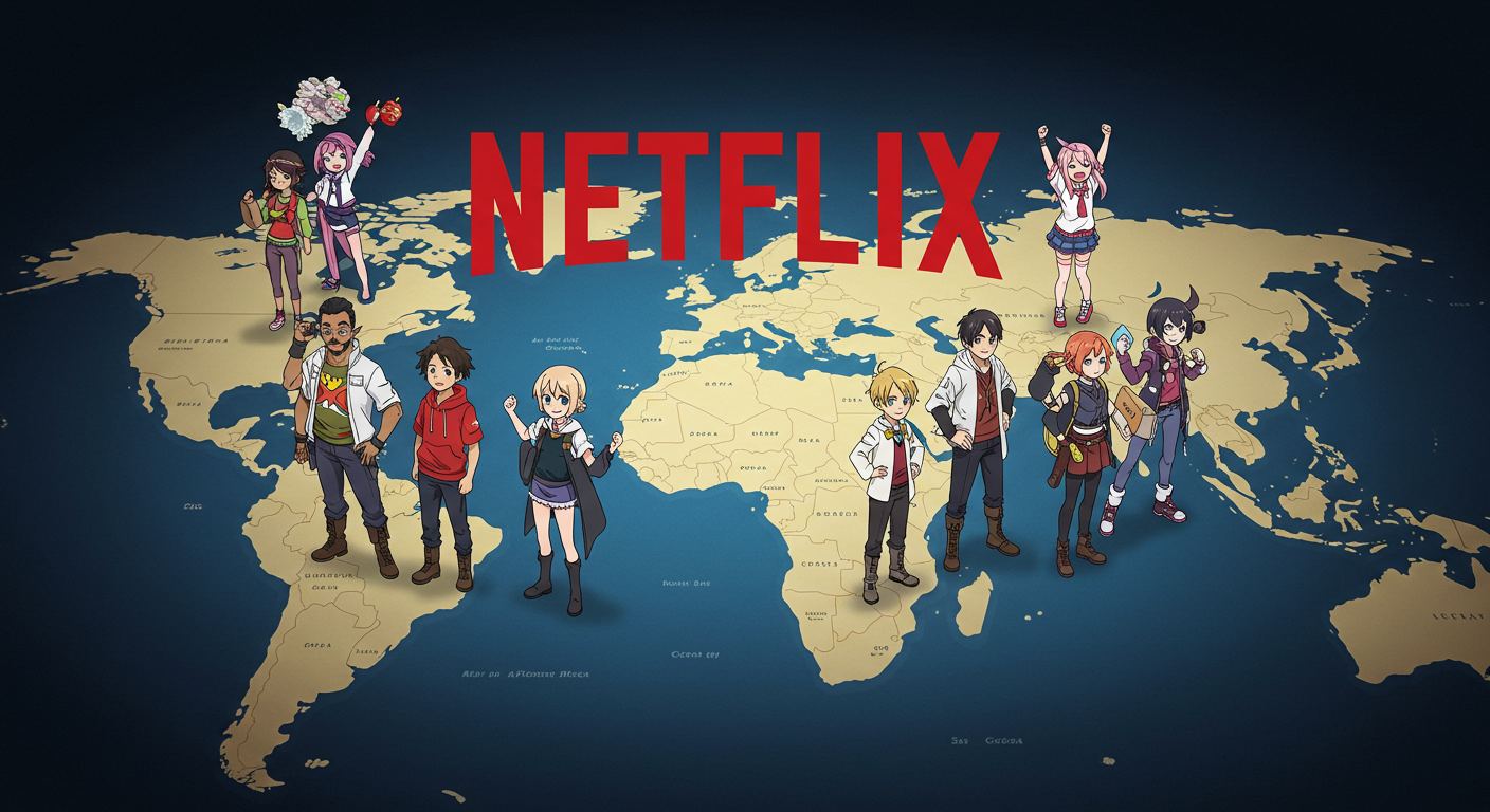世界地図にヒーローが立っているNetflixグローバル配信イメージ
