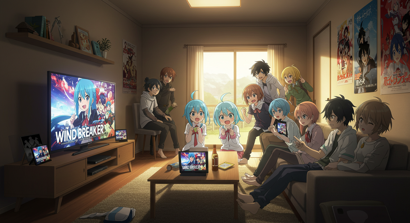 アニメ視聴中のキャラクター、TVとスマホを併用