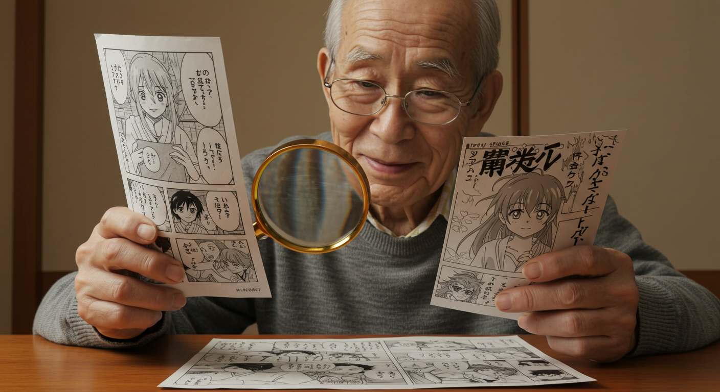花咲爺が原作とアニメを見比べて首をかしげるイラスト