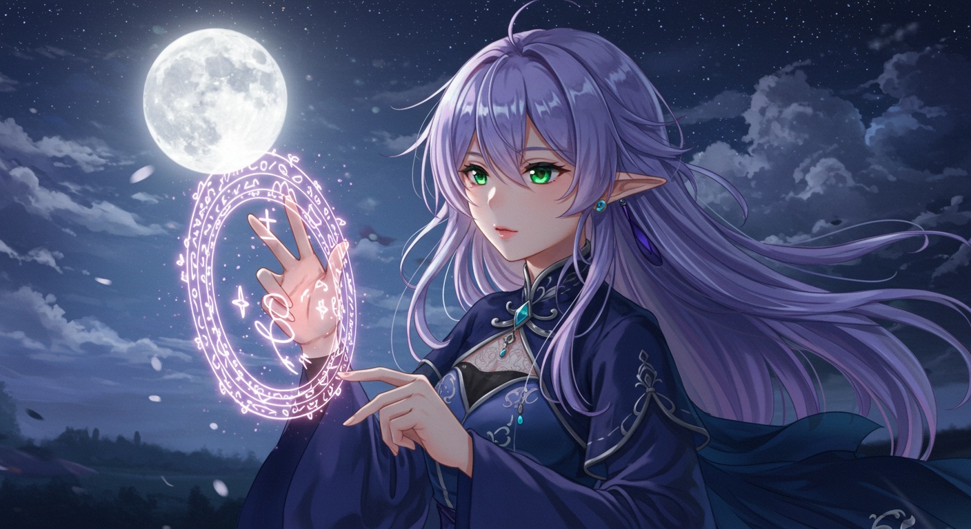 モニカが月下で魔法陣を描く幻想的なシーン