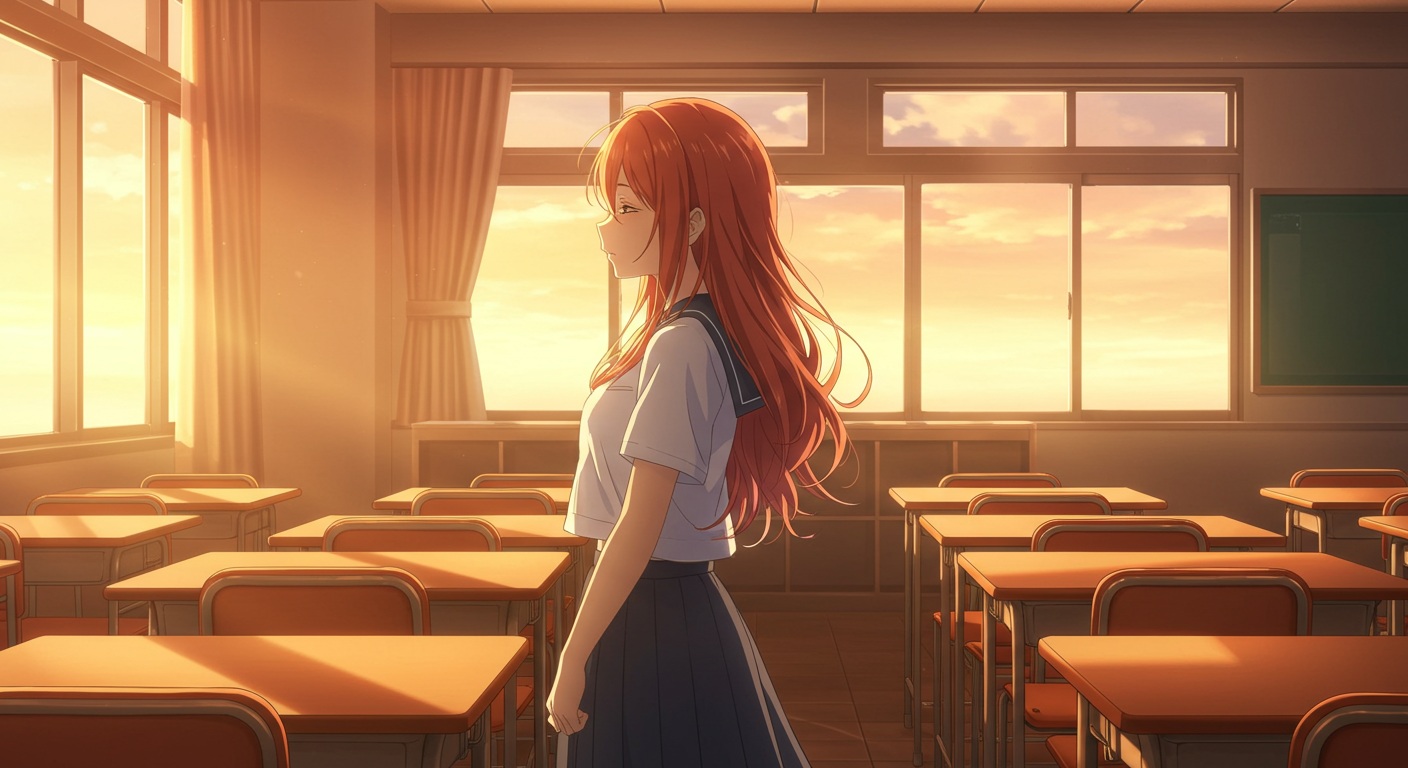 放課後の教室で夕陽に包まれるモニカ