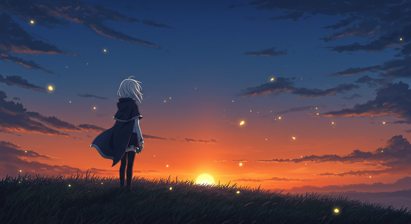 草原に立つモニカの背中と夕暮れ