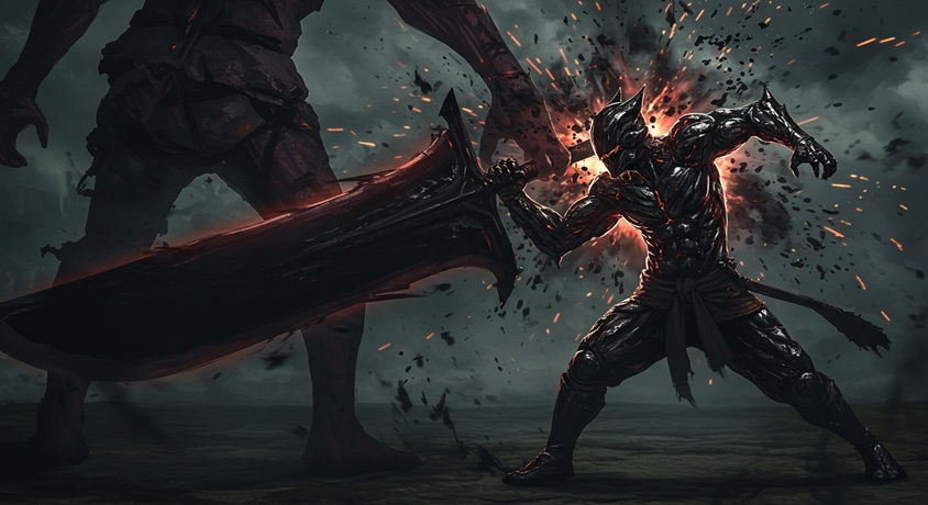 黒光りする武装色で大剣を受け止める戦士