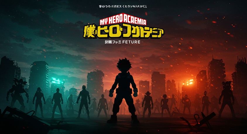 僕のヒーローアカデミア特集2025のポスタービジュアル。夕暮れの瓦礫の街に小さなヒーローのシルエットが立つ。