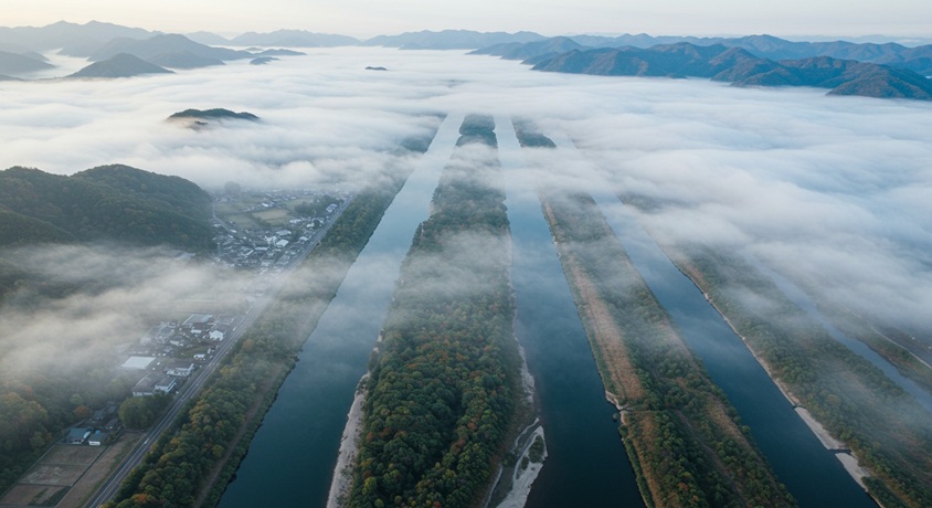 木曽川・長良川・揖斐川が並行して流れる朝靄の光景