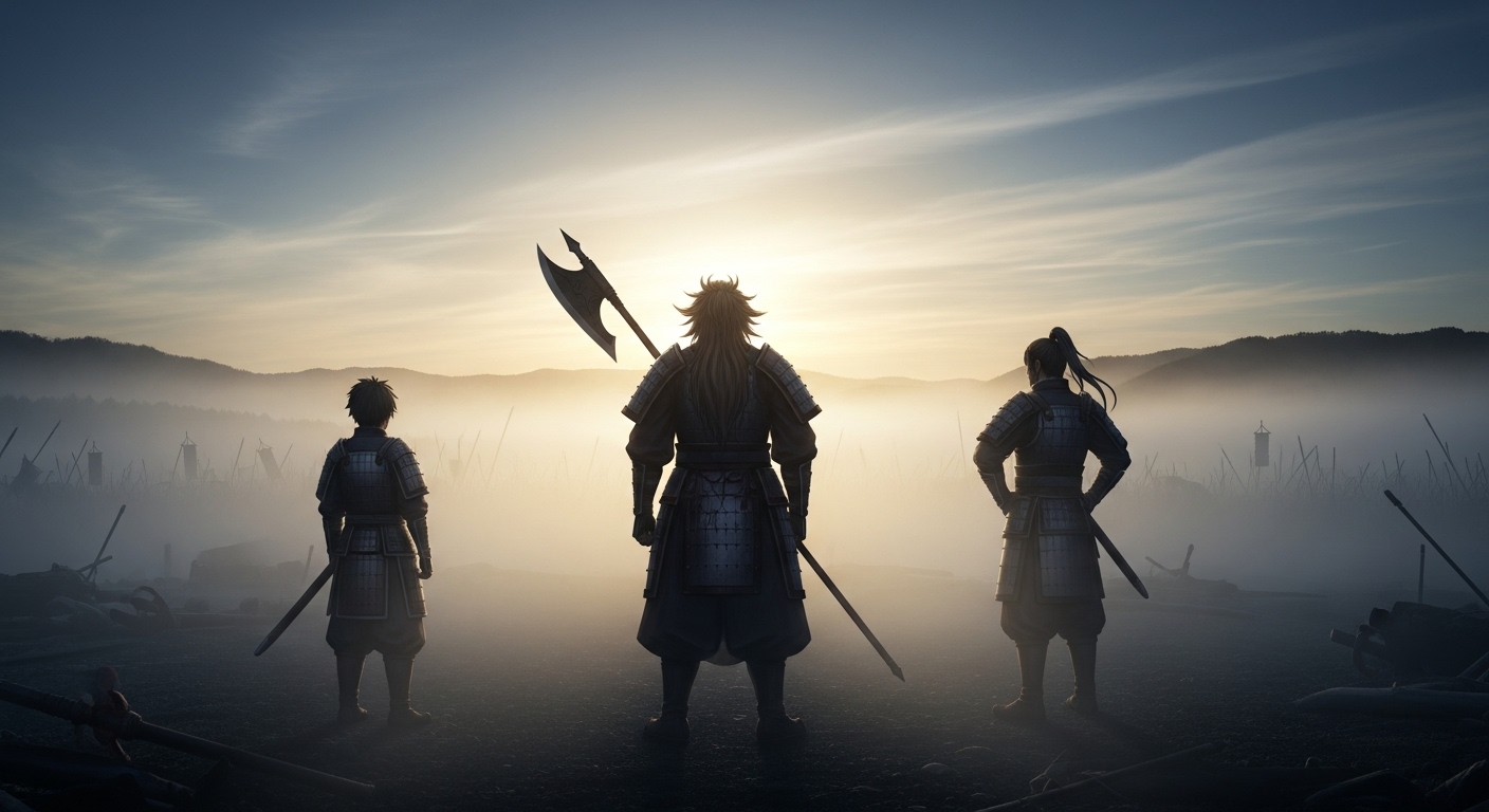 戦の夜明けに立つ信・王騎・李牧のシルエット